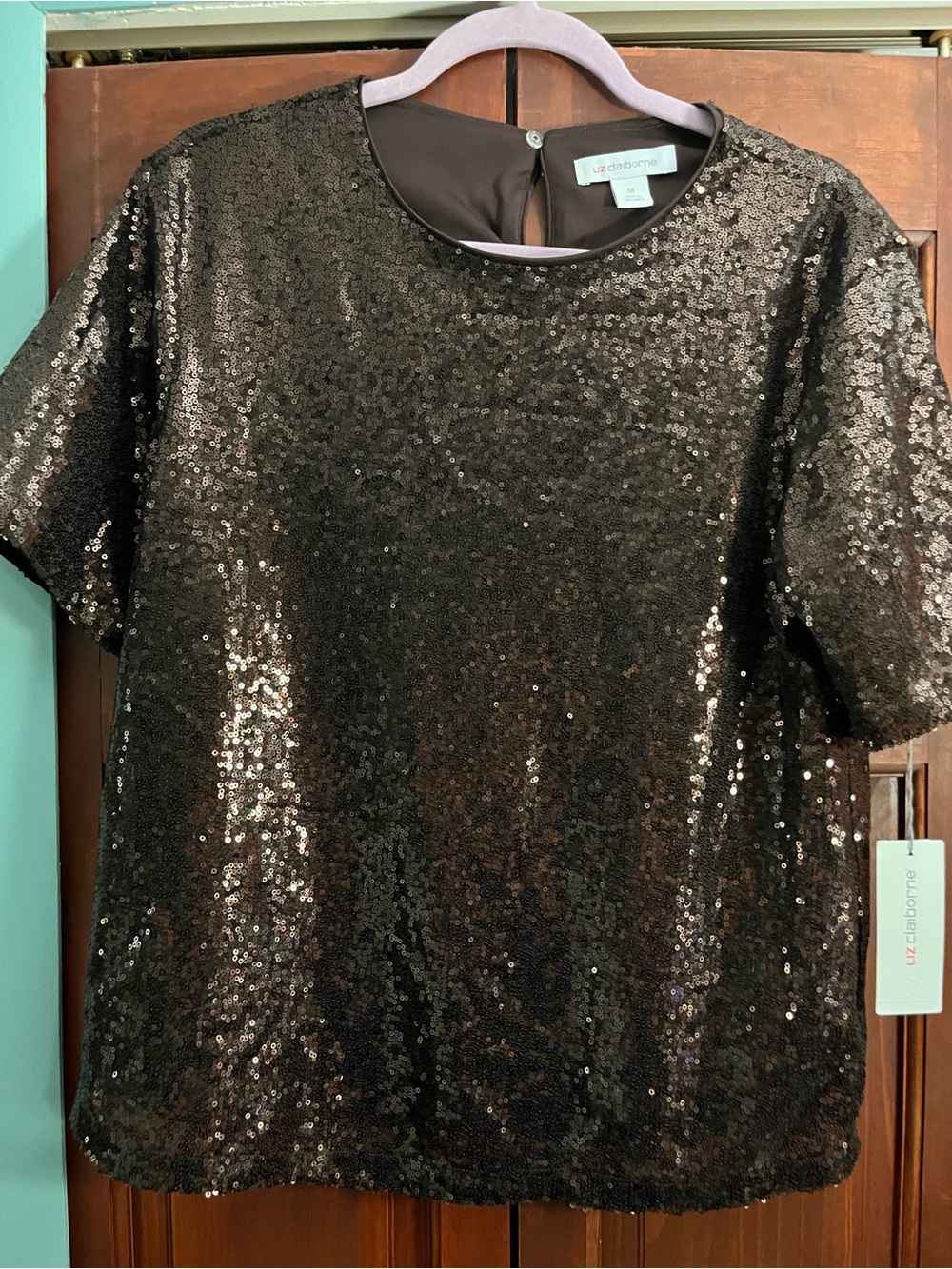 LIZ CLAIBORNE brown Sequin Short-Sleeve Top Medium NWT
